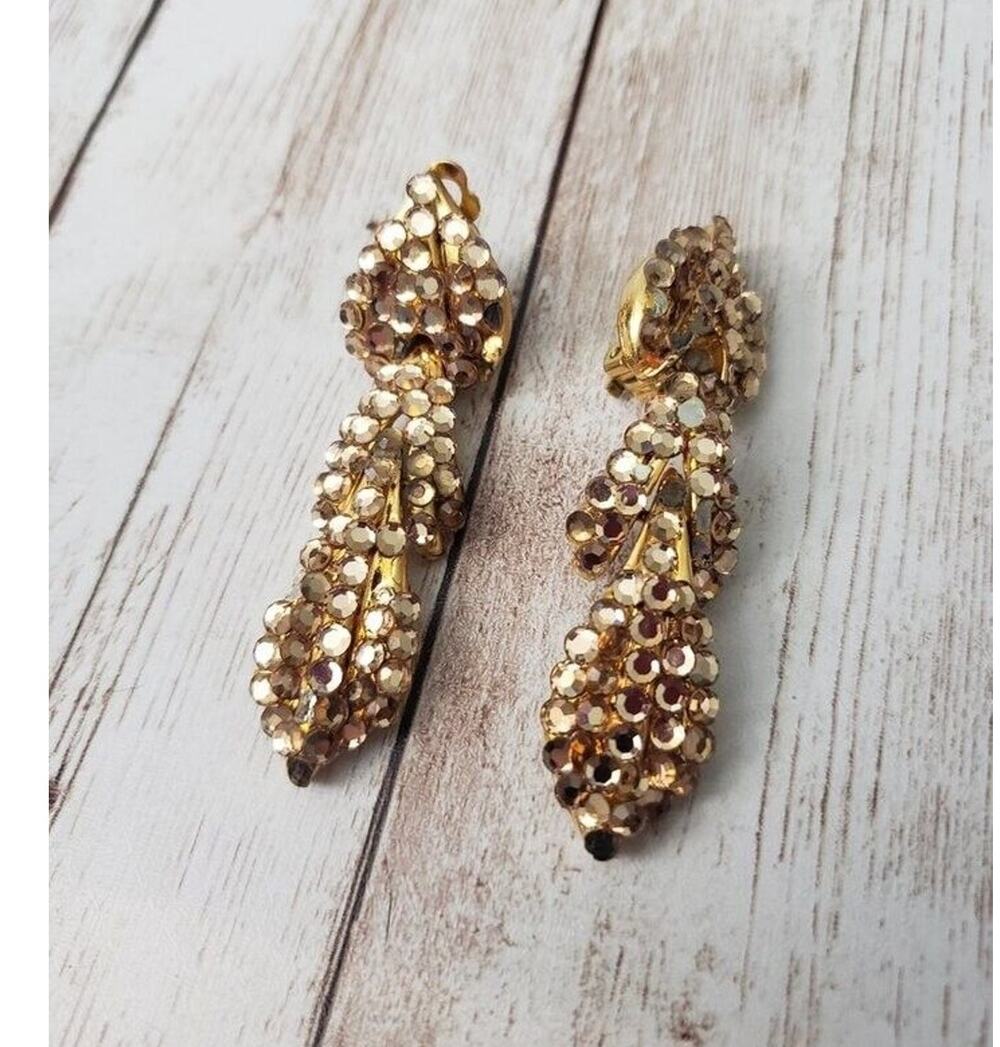 Vintage Clip On Earrings - 2.25" Gold Tone Dangle - BROKEN Repair Needed